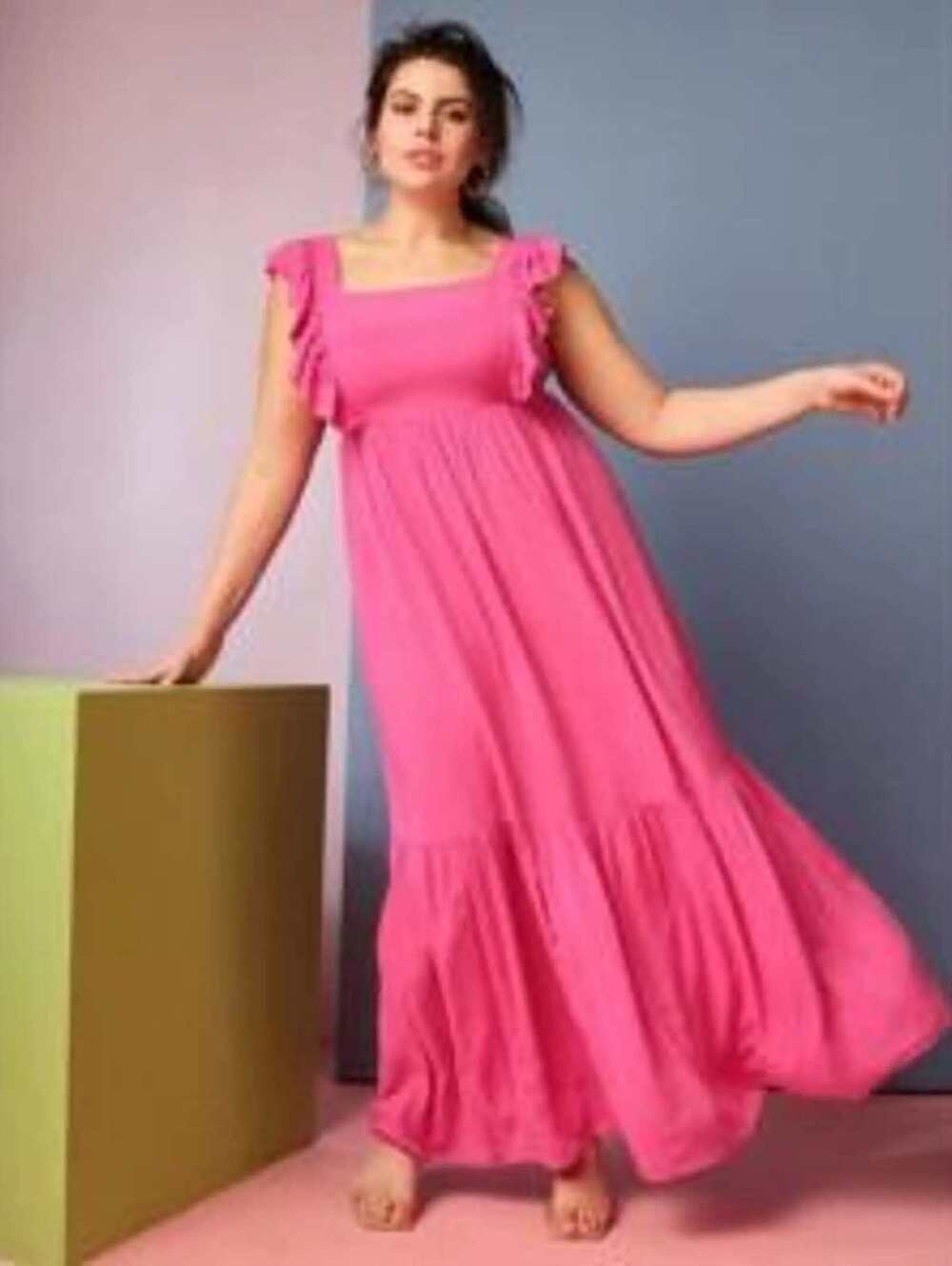 NEW Eloquii Size 20 Plus Hot Pink Tiered Ruffle Maxi Boho Square Neck Dress